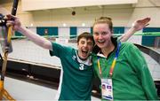 30 January 2013; Team Ireland's Brendan O'Sullivan, from Mallow, Co. Cork, celebrates victory with Special Olympic Floorball Coach Martin O’ Leary, from, Kinsale, Co. Cork. Match 2, Division 2, South Korea v Ireland, 2013 Special Olympics World Winter Games, Floorball, Gangneung Indoor Sports Center, Gangneung, South Korea. Picture credit: Ray McManus / SPORTSFILE