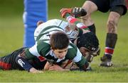 30 January 2013; Stephen May, Wesley College, scores his first try despite the tackle of Ignacio Sugi Davalillo, St. Columba’s College. Fr. Godfrey Cup, Wesley College v St. Columba’s College, Templeogue College, Templeogue, Co. Dublin. Picture credit: Matt Browne / SPORTSFILE
