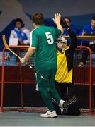 30 January 2013; James Murphy, from Corbally, Co. Clare, celebrates Team Ireland's 6th goal with goalkeeper Roy Saville. Murphy ultimately scored six goals in Ireland's 11-1 win over South Korea. Match 2, Division 2, South Korea v Ireland, 2013 Special Olympics World Winter Games, Floorball, Gangneung Indoor Sports Center, Gangneung, South Korea. Picture credit: Ray McManus / SPORTSFILE