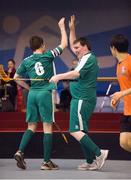 30 January 2013; Team Ireland's Aidan Cross, right, from Cahir, Co. Tipperary, celebrates scoring the 10th goal with team-mate Joseph McCarthy, from Midleton, Co. Cork. Ireland won 11-1. Match 2, Division 2, South Korea v Ireland, 2013 Special Olympics World Winter Games, Floorball, Gangneung Indoor Sports Center, Gangneung, South Korea. Picture credit: Ray McManus / SPORTSFILE