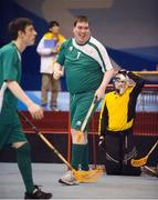 30 January 2013; Team Ireland's Aidan Cross, from Cahir, Co. Tipperary celebrates scoring the 10th goal in an 11-1 win. Match 2, Division 2, South Korea v Ireland, 2013 Special Olympics World Winter Games, Floorball, Gangneung Indoor Sports Center, Gangneung, South Korea. Picture credit: Ray McManus / SPORTSFILE