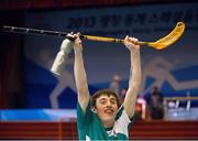 30 January 2013; Team Ireland's Brendan O'Sullivan, from Mallow, Co. Cork, celebrates victory. Match 2, Division 2, South Korea v Ireland, 2013 Special Olympics World Winter Games, Floorball, Gangneung Indoor Sports Center, Gangneung, South Korea. Picture credit: Ray McManus / SPORTSFILE