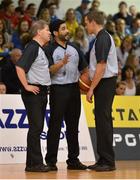 25 January 2013; Referees from left, Joe Robinson, David Caballe and Maciej Nazimek during a timeout. 2013 Nivea for Men's Superleague National Cup Final, Bord Gáis Neptune v UL Eagles, National Basketball Arena, Tallaght, Dublin. Picture credit: Brendan Moran / SPORTSFILE