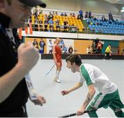 31 January 2013; Team Ireland's Brendan O'Sullivan, from Mallow, Co. Cork, and Special Olympic Floorball Head Coach Paul O’Callaghan, from Bandon, Co. Cork, celebrate the 5th Irish goal. Division 2, Semi-Final, Austria v Ireland, 2013 Special Olympics World Winter Games, Floorball, Gangneung Indoor Sports Center, Gangneung, South Korea. Picture credit: Ray McManus / SPORTSFILE