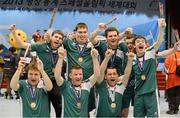 31 January 2013; Team Ireland players, back row, left to right, Roy Saville, Aidan Cross, George Fitzgerald, William McGrath, and Brendan O'Sullivan. Front row, left to right, James Murphy, George Fitzgerald and Sean Murphy celebrate after the Bronze Medal presentation ceremony. Ireland beat the host nation, South Korea, in the 3rd / 4th place play off. 2013 Special Olympics World Winter Games, Floorball, Gangneung Indoor Sports Center, Gangneung, South Korea. Picture credit: Ray McManus / SPORTSFILE