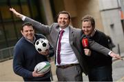 31 January 2013; Flying High: Former Irish international rugby star Reggie Corrigan with former Wanderers second row Simon Fagan, centre, of Aer Arann and Newstalk’s Ger Gilroy at the announcement that Aer Lingus Regional, operated by Aer Arann, will become Newstalk Sport’s Official Flight Partner. Aer Lingus Regional will support Newstalk Sport’s coverage and broadcast of Premier League, Heineken Cup, RaboDirect Pro 12 and other live sporting events. Marconi House, Digges Lane, Dublin. Picture credit: Brendan Moran / SPORTSFILE