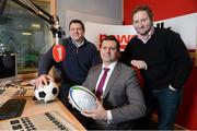 31 January 2013; Flying High: Former Irish international rugby star Reggie Corrigan with Simon Fagan, centre, of Aer Arann and Newstalk’s Ger Gilroy at the announcement that Aer Lingus Regional, operated by Aer Arann, will become Newstalk Sport’s Official Flight Partner. Aer Lingus Regional will support Newstalk Sport’s coverage and broadcast of Premier League, Heineken Cup, RaboDirect Pro 12 and other live sporting events. Marconi House, Digges Lane, Dublin. Picture credit: Brendan Moran / SPORTSFILE