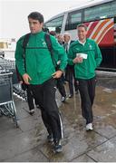 31 January 2013; Ireland's Conor Murray, left, and Ronan O'Gara arrive at Dublin airport as they depart for Cardiff for their opening RBS Six Nations Rugby Championship match against Wales on Saturday. Dublin Airport, Dublin. Picture credit: Brian Lawless / SPORTSFILE