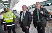 31 January 2013; Ireland head coach Declan Kidney and Gerard Carmody, Team Services Manager, right, arrive at Dublin airport as they depart for Cardiff for their opening RBS Six Nations Rugby Championship match against Wales on Saturday. Dublin Airport, Dublin. Picture credit: Brian Lawless / SPORTSFILE