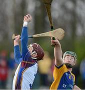 31 January 2013; Paddy Stapleton, UL, in action against Cormac Spollen, St. Pat's/Mater Dei. Irish Daily Mail Fitzgibbon Cup, Group D, Round 1, UL v St. Pats/Mater Dei, University of Limerick, Limerick. Picture credit: Diarmuid Greene / SPORTSFILE