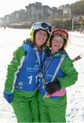 2 February 2013; Team Ireland’s Katherine Daly, from Dalkey, Co. Dublin, who won a Silver medal in the novice grade giant slalom and Rosalind Connolly, from, Portadown, Co. Armagh who won a Gold Medal in another final at the same division. 2013 Special Olympics World Winter Games, Alpine skiing, Yongpyong Resort, PyeongChang, South Korea. Picture credit: Ray McManus / SPORTSFILE