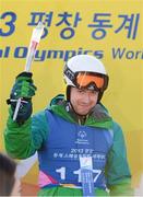 2 February 2013; Team Ireland’s Gary Burton, from Sallynoggin, Co. Dublin, on the rostrum after being placed fourth in the intermediate grade super G. 2013 Special Olympics World Winter Games, Alpine skiing, Yongpyong Resort, PyeongChang, South Korea. Picture credit: Ray McManus / SPORTSFILE