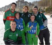 2 February 2013; Team Ireland Mayo supporters, who reside in Seoul, South Korea, back row left to right, Adrian Connell, Belmullet, Grainnne Barrett, Killala, and Tom Gaugan, Ballycastle, front row is Kieran Gardiner, Knockmore, with Katherine Daly, who won a silver medal and Roiland Connolly who won a gold on the day. 2013 Special Olympics World Winter Games, Alpine skiing, Yongpyong Resort, PyeongChang, South Korea. Picture credit: Ray McManus / SPORTSFILE