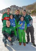2 February 2013; Team Ireland Mayo supporters, who reside in Seoul, South Korea, back row left to right, Adrian Connell, Belmullet, Grainnne Barrett, Killala, and Tom Gaugan, Ballycastle, front row is Kieran Gardiner, Knockmore, with Katherine Daly, who won a silver medal and Roiland Connolly who won a gold on the day. 2013 Special Olympics World Winter Games, Alpine skiing, Yongpyong Resort, PyeongChang, South Korea. Picture credit: Ray McManus / SPORTSFILE
