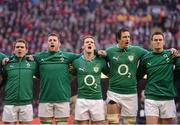 2 February 2013; Ireland players, from left, Eoin Reddan, Sean O'Brien, Craig Gilroy, Mike McCarthy and Jonathan Sexton during the National Anthem. RBS Six Nations Rugby Championship, Wales v Ireland, Millennium Stadium, Cardiff, Wales. Picture credit: Stephen McCarthy / SPORTSFILE