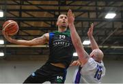 30 October 2017; Goran Pantovic of Garvey's Tralee Warriors in action against Conor Gallagher of Eanna during the Basketball Ireland Men's Superleague match between Garveys Tralee Warriors and Eanna BC at Tralee Sports Complex in Tralee, Kerry. Photo by Brendan Moran/Sportsfile