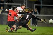 2 February 2013; Tyrone's Stephen O'Neill is put under pressure by Down's Kevin McKernan and Michael Cunningham. Allianz Football League, Division 1, Down v Tyrone, Pairc Esler, Newry, Co. Down. Picture credit: Oliver McVeigh / SPORTSFILE