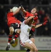 2 February 2013; Conor Laverty and Connaire Harrison, Down, in action against Conor Gormley, Tyrone. Allianz Football League, Division 1, Down v Tyrone, Pairc Esler, Newry, Co. Down. Picture credit: Oliver McVeigh / SPORTSFILE