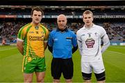 2 February 2013; Donegal captain Michael Murphy and Kildare captain Peter kelly with referee Cormac Reilly before the game. Allianz Football League, Division 1, Kildare v Donegal, Croke Park, Dublin. Photo by Sportsfile