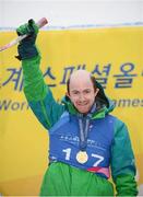 3 February 2013; Team Ireland’s Gary Burton, from Sallynoggin, Co. Dublin, reacts after the presentation of a gold medal after competing in the intermediate giant slalom. 2013 Special Olympics World Winter Games, Alpine skiing, Yongpyong Resort, PyeongChang, South Korea. Picture credit: Ray McManus / SPORTSFILE
