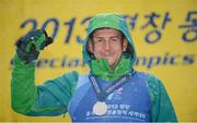3 February 2013; Team Ireland’s Ryan Hill, from Richhill, Co. Armagh, celebrates winning a silver medal in the intermediate giant slalom. 2013 Special Olympics World Winter Games, Alpine skiing, Yongpyong Resort, PyeongChang, South Korea. Picture credit: Ray McManus / SPORTSFILE