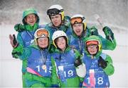 3 February 2013; Team Ireland Alpine ski athletes, back row, left to right, Ryan Hill, from, Richhill, Co. Armagh, who won a silver medal, Stuart Brierton, from, Bray, Co. Wicklow, gold, Gary Burton, from, Sallynoggin, Co. Dublin and front row l to r, Lucy Best, from, Lisburn, Co. Antrim, bronze,  Katherine Daly, from, Dalkey, Co. Dublin 4th place ribbon, Rosalind Connolly, from, Portadown, Co. Armagh, 6th, celebrate after the presentations. 2013 Special Olympics World Winter Games, Alpine skiing, Yongpyong Resort, PyeongChang, South Korea. Picture credit: Ray McManus / SPORTSFILE