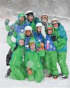 3 February 2013; Team Ireland Alpine ski athletes, back row, left to right, Ryan Hill, from, Richhill, Co. Armagh, who won a silver medal, Stuart Brierton, from, Bray, Co. Wicklow, gold, Gary Burton, from, Sallynoggin, Co. Dublin and front row left to right, Lucy Best, from, Lisburn, Co. Antrim, bronze, Katherine Daly, from, Dalkey, Co. Dublin 4th place ribbon, Rosalind Connolly, from, Portadown, Co. Armagh, 6th, with Head of Delegation Barbara Cahill, from, Rathmines, Dublin, and Special Olympic Alpine Skiing Coachs Jill Sloan, from, Lurgan, Co. Antrim  and Len Gallagher, from, Clontarf, Dublin 3, celebrate after the presentations. 2013 Special Olympics World Winter Games, Alpine skiing, Yongpyong Resort, PyeongChang, South Korea. Picture credit: Ray McManus / SPORTSFILE