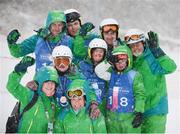 3 February 2013; Team Ireland Alpine ski athletes, back row, left to right, Ryan Hill, from, Richhill, Co. Armagh, who won a silver medal, Stuart Brierton, from, Bray, Co. Wicklow, gold, Gary Burton, from, Sallynoggin, Co. Dublin and front row left to right, Lucy Best, from, Lisburn, Co. Antrim, bronze,  Katherine Daly, from, Dalkey, Co. Dublin 4th place ribbon, Rosalind Connolly, from, Portadown, Co. Armagh, 6th, with Head of Delegation Barbara Cahill, from, Rathmines, Dublin, and Special Olympic Alpine Skiing Coachs Jill Sloan, from, Lurgan, Co. Antrim  and Len Gallagher, from, Clontarf, Dublin 3, celebrate after the presentations. 2013 Special Olympics World Winter Games, Alpine skiing, Yongpyong Resort, PyeongChang, South Korea. Picture credit: Ray McManus / SPORTSFILE