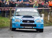 3 February 2013; Donagh Kelly and Kevin Flanagan, in their Subaru Impreza WRC S11, in action during SS 2 Greenville. Safety Direct Galway International Rally. Ballinasloe Co.Galway. Picture credit: Philip Fitzpatrick / SPORTSFILE