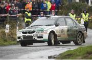 3 February 2013; Sam Moffett and James O'Reilly, in a Mitsubishi Lancer Evo 9 in action during SS 2 Greenvale. Safety Direct Galway International Rally. Ballinasloe Co.Galway. Picture credit: Philip Fitzpatrick / SPORTSFILE