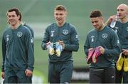 3 February 2013; Republic of Ireland players, left to right,  Greg Cunninham, Jeff Hendrick and Robbie Brady during squad training ahead of their international friendly against Poland on Wednesday. Republic of Ireland Squad Training, Gannon Park, Malahide, Co. Dublin. Picture credit: David Maher / SPORTSFILE