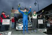 3 February 2013; Winners of the Galway Rally Keith Cronin, left, and co-driver, Marshal Clarke at the finishing ramp. Safety Direct Galway International Rally. Ballinasloe Co.Galway. Picture credit: Philip Fitzpatrick / SPORTSFILE