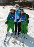 4 February 2013; Team Ireland athletes Lucy Best, from, Lisburn, Co. Antrim, left, and Katherine Daly, from, Dalkey, Co. Dublin, with Mary Davis, Chairprson Special Olympics Ireland, strike a pose as they relax at the venue. 2013 Special Olympics World Winter Games, Alpine skiing, Yongpyong Resort, PyeongChang, South Korea. Picture credit: Ray McManus / SPORTSFILE