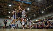 30 October 2017; Eoin Quigley of Garvey's Tralee Warriors in action against Ciaran McEvilly, left, and Aidan Dunne of Eanna during the Basketball Ireland Men's Superleague match between Garveys Tralee Warriors and Eanna BC at Tralee Sports Complex in Tralee, Kerry. Photo by Brendan Moran/Sportsfile