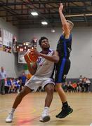 30 October 2017; Tamron Manning of Eanna in action against Darren O'Sullivan of Garvey's Tralee Warriors during the Basketball Ireland Men's Superleague match between Garveys Tralee Warriors and Eanna BC at Tralee Sports Complex in Tralee, Kerry. Photo by Brendan Moran/Sportsfile