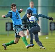 4 February 2013; Republic of Ireland's Kevin Doyle, right, in action against team-mate Greg Cunningham during squad training ahead of their international friendly against Poland on Wednesday. Republic of Ireland Squad Training, Gannon Park, Malahide, Co. Dublin. Picture credit: Barry Cregg / SPORTSFILE