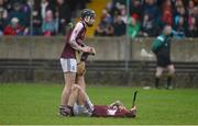 3 February 2013; Colin O'Riordan, Our Lady’s Templemore, receives some assistance with cramp from team-mate John McGrath late on in the second half. Dr. Harty Cup, Semi-Final, Our Lady’s Templemore v Ardscoil Rís Limerick, McDonagh Park, Nenagh, Co. Tipperary. Picture credit: Diarmuid Greene / SPORTSFILE