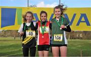 6 February 2013; Síobhra O'Flaherty, centre, St. Leo's, Carlow, winner of the junior girls race, with runner up Eimear Fitzpatrick, right, Our Lady's Terenure, Dublin, and third placed finisher Niamh Ní Chiarda, left, Coláiste Iosagain, Dublin. 2013 AVIVA Leinster Schools cross country championships, Santry Demesne, Santry, Co. Dublin. Picture credit: Barry Cregg / SPORTSFILE