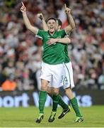 6 February 2013; Republic of Ireland's Ciaran Clark celebrates after scoring his side's first goal with team-mate John O'Shea. International Friendly, Republic of Ireland v Poland, Aviva Stadium, Lansdowne Road, Dublin. Picture credit: David Maher / SPORTSFILE