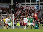 6 February 2013; A flare is thrown onto the pitch during the game. International Friendly, Republic of Ireland v Poland, Aviva Stadium, Lansdowne Road, Dublin. Picture credit: David Maher / SPORTSFILE