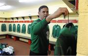 7 February 2013; Republic of Ireland kitman Adrian Carberry hangs up the players' jerseys before the game. U19 International Friendly, Republic of Ireland v Czech Republic, Flancare Park, Longford. Picture credit: Diarmuid Greene / SPORTSFILE