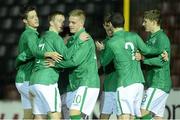 7 February 2013; Sam Byrne, Republic of Ireland, 10, is congratulated by team-mates after scoring his side's first goal. U19 International Friendly, Republic of Ireland v Czech Republic, Flancare Park, Longford. Picture credit: Diarmuid Greene / SPORTSFILE