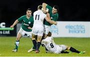 8 February 2013; Robbie Henshaw, Ireland, is tackled by Alex Day, and Henry Purdy, left, England. U20 Six Nations Rugby Championship, Ireland v England, Dubarry Park, Athlone, Co. Westmeath. Picture credit: Diarmuid Greene / SPORTSFILE
