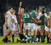 8 February 2013; Robbie Henshaw, Ireland, is shown a yellow card by referee Neil Hennessy. U20 Six Nations Rugby Championship, Ireland v England, Dubarry Park, Athlone, Co. Westmeath. Picture credit: Diarmuid Greene / SPORTSFILE