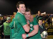 8 February 2013; Robbie Henshaw, left, and David Panter celebrate after victory over England. U20 Six Nations Rugby Championship, Ireland v England, Dubarry Park, Athlone, Co. Westmeath. Picture credit: Diarmuid Greene / SPORTSFILE