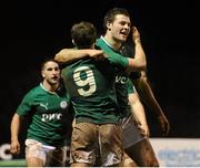 8 February 2013; Ireland's Robbie Henshaw and Luke McGrath, 9, celebrate after Rory Scholes scored a late try. U20 Six Nations Rugby Championship, Ireland v England, Dubarry Park, Athlone, Co. Westmeath. Picture credit: Diarmuid Greene / SPORTSFILE