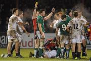 8 February 2013; Robbie Henshaw, Ireland, is shown a yellow card by referee Neil Hennessy. U20 Six Nations Rugby Championship, Ireland v England, Dubarry Park, Athlone, Co. Westmeath. Picture credit: Diarmuid Greene / SPORTSFILE