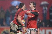 9 February 2013; CJ Stander, Munster, is congratulated by team-mate Danny Barnes after scoring his side's first try. Celtic League 2012/13, Round 14, Munster v Edinburgh, Musgrave Park, Cork. Picture credit: Diarmuid Greene / SPORTSFILE