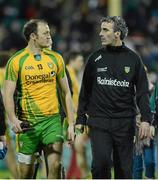 9 February 2013; Colm McFadden, Donegal and Manager Jim McGuinness comes off the field at the end of the game. Allianz Football League, Division 1, Donegal v Down, Páirc MacCumhaill, Ballybofey, Donegal. Picture credit: Oliver McVeigh / SPORTSFILE