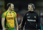 9 February 2013; Colm McFadden, Donegal and Manager Jim McGuinness comes off the field at the end of the game. Allianz Football League, Division 1, Donegal v Down, Páirc MacCumhaill, Ballybofey, Donegal. Picture credit: Oliver McVeigh / SPORTSFILE